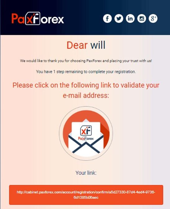 email from PaxForex to verify 